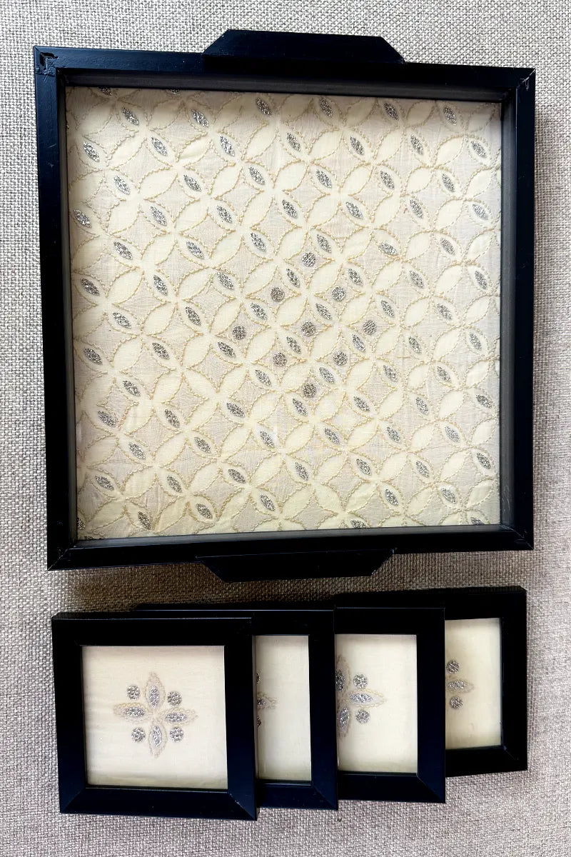 Beige Handcrafted Lucknowi Chikankari Tray & Tea Coaster Set With hand-embroidered Lucknowi Chikankari