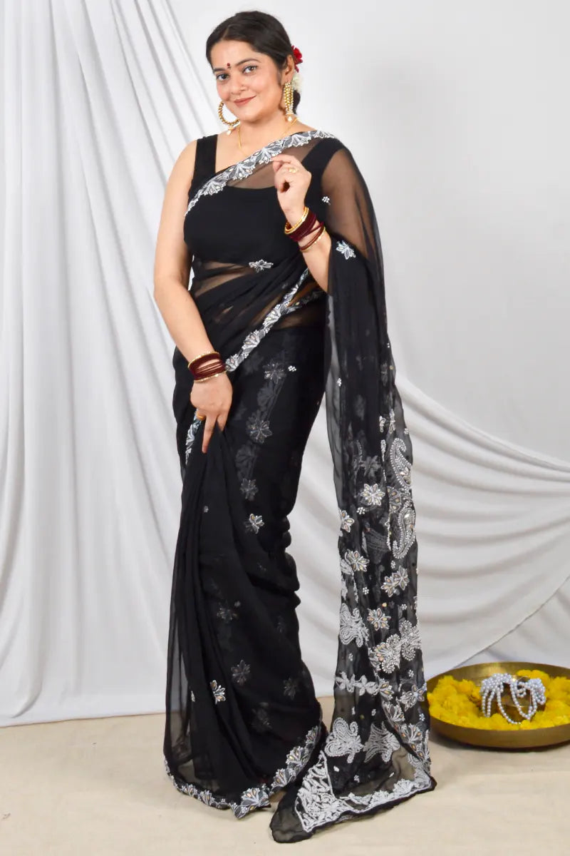 Black Color Georgette Gotapatti Lucknowi Chikankari Designer Saree Embroidery and Blouse – Perfect for Weddings & Festive Wear