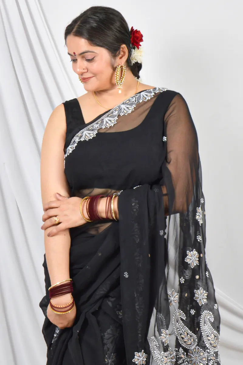 Black Color Georgette Gotapatti Lucknowi Chikankari Designer Saree Embroidery and Blouse – Perfect for Weddings & Festive Wear