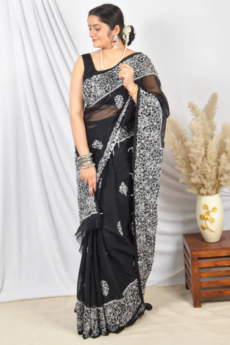 Black Georgette saree with Lucknowi Chikankari embroidery and unstitched blouse – handcrafted festive wear by Fabnuma