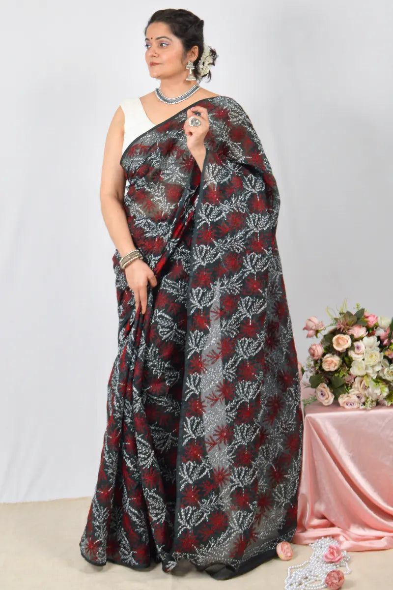Black Kota cotton saree with hand-embroidered Lucknowi Chikankari and blouse – lightweight traditional saree by Fabnuma