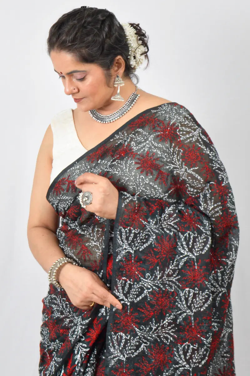 Black Kota cotton saree with hand-embroidered Lucknowi Chikankari and blouse – lightweight traditional saree by Fabnuma
