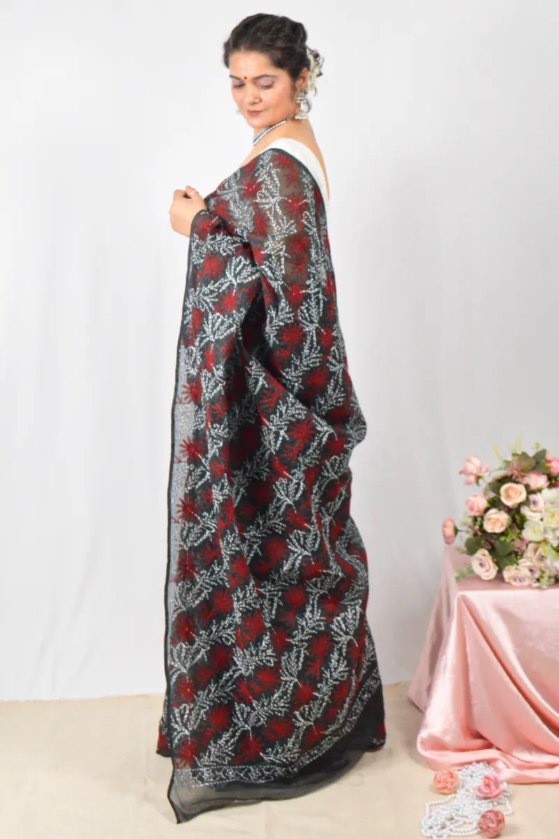 Black Kota cotton saree with hand-embroidered Lucknowi Chikankari and blouse – lightweight traditional saree by Fabnuma