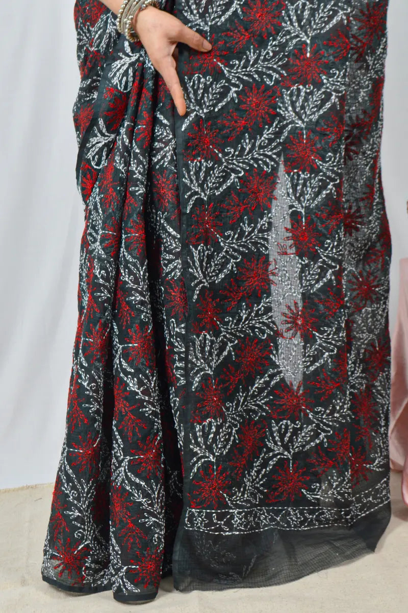 Black Kota cotton saree with hand-embroidered Lucknowi Chikankari and blouse – lightweight traditional saree by Fabnuma