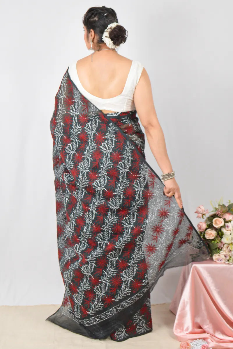 Black Kota cotton saree with hand-embroidered Lucknowi Chikankari and blouse – lightweight traditional saree by Fabnuma