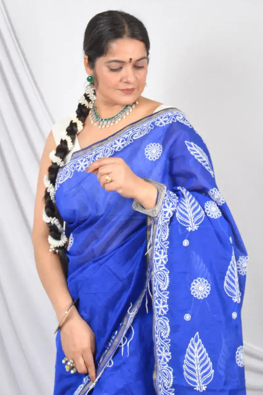 Fabnuma Handcrafted Blue Chanderi Lucknowi Chikankari Designer Saree with Blouse Lucknowi Chikankari
