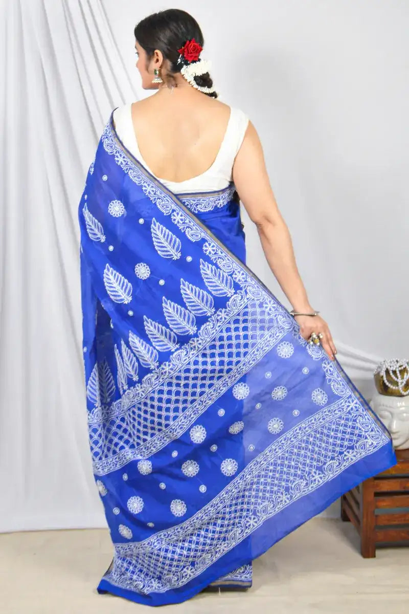 Fabnuma Handcrafted Blue Chanderi Lucknowi Chikankari Designer Saree with Blouse Lucknowi Chikankari