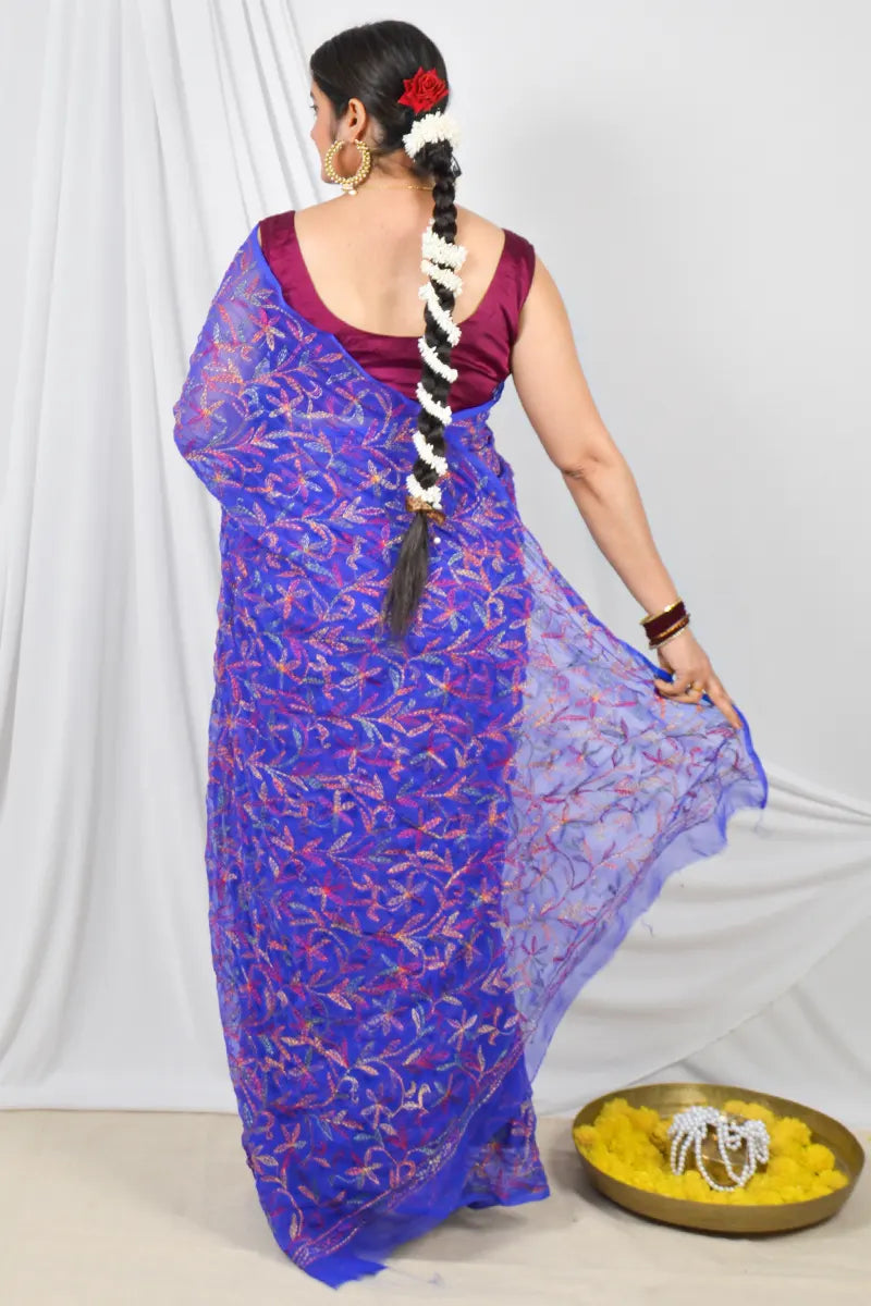 Royal Blue Georgette Tepchi Chikankari Saree with Lucknowi Embroidery and Blouse – Perfect for Weddings & Festive Wear