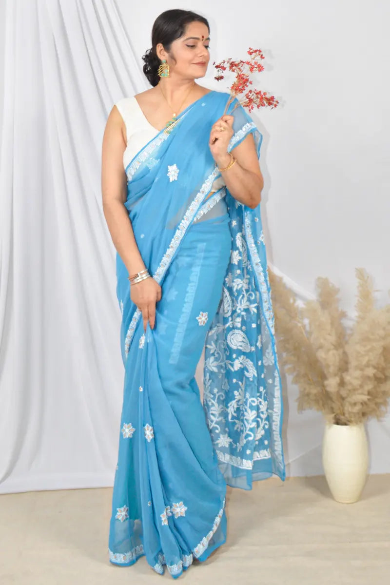 Fabnuma Handcrafted Blue Gotapatti Work Georgette Lucknowi Chikankari Saree with Blouse
