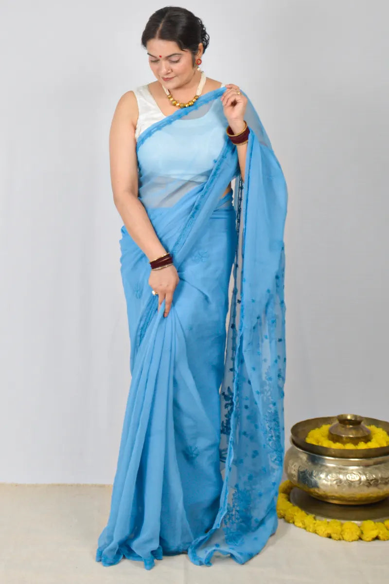 Blue Georgette saree with hand-embroidered Lucknowi Chikankari and matching blouse – handcrafted ethnic saree by MeMaana