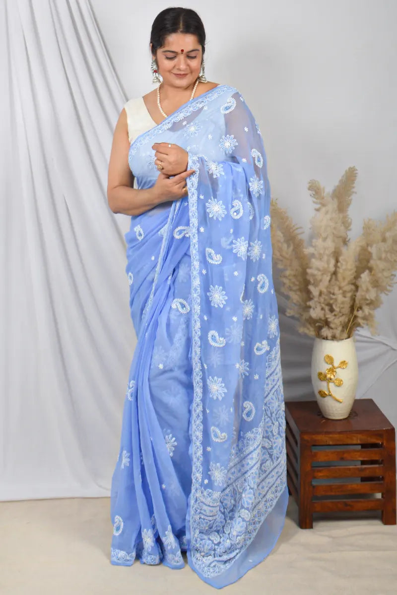 Fabnuma Handcrafted Blue Georgette Lucknowi Chikankari Saree with Blouse.
