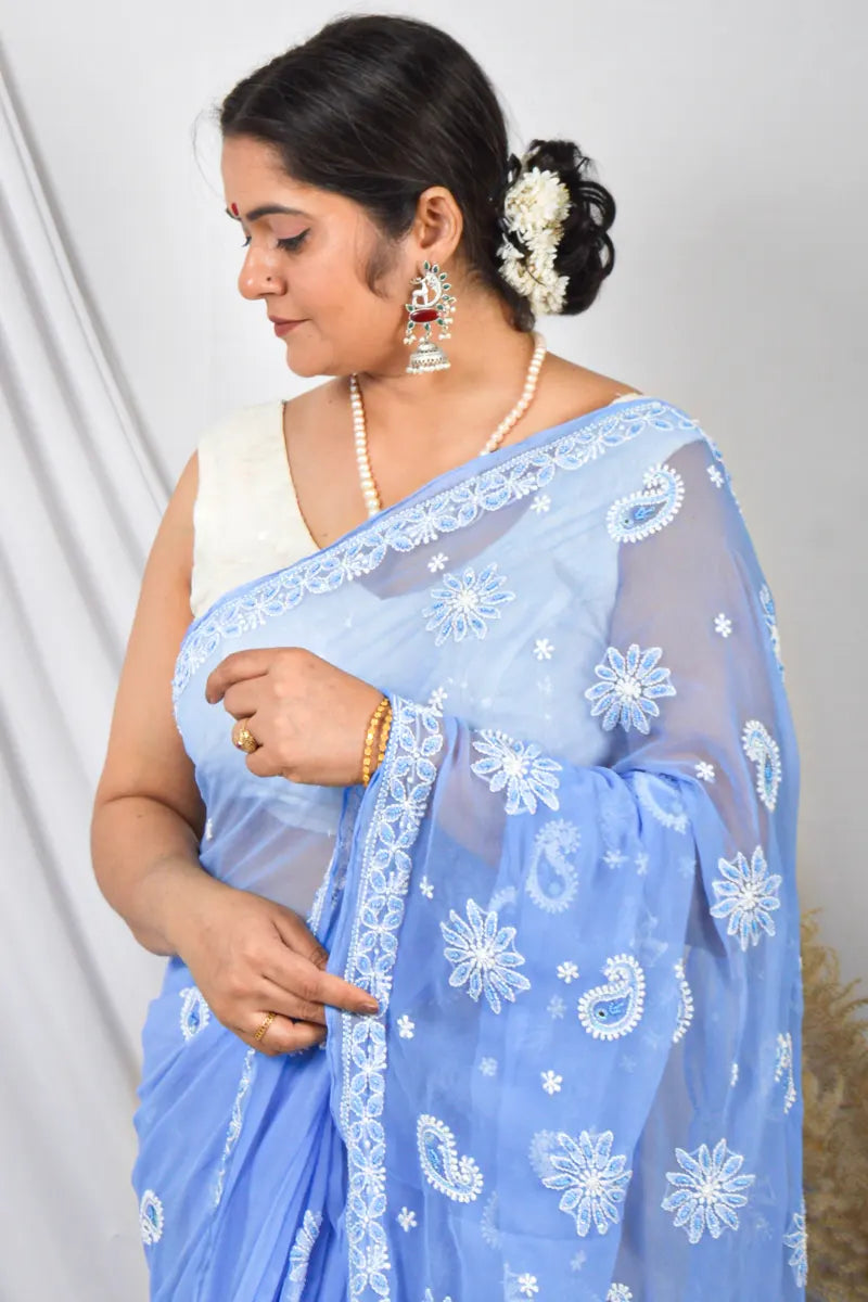 Fabnuma Handcrafted Blue Georgette Lucknowi Chikankari Saree with Blouse.