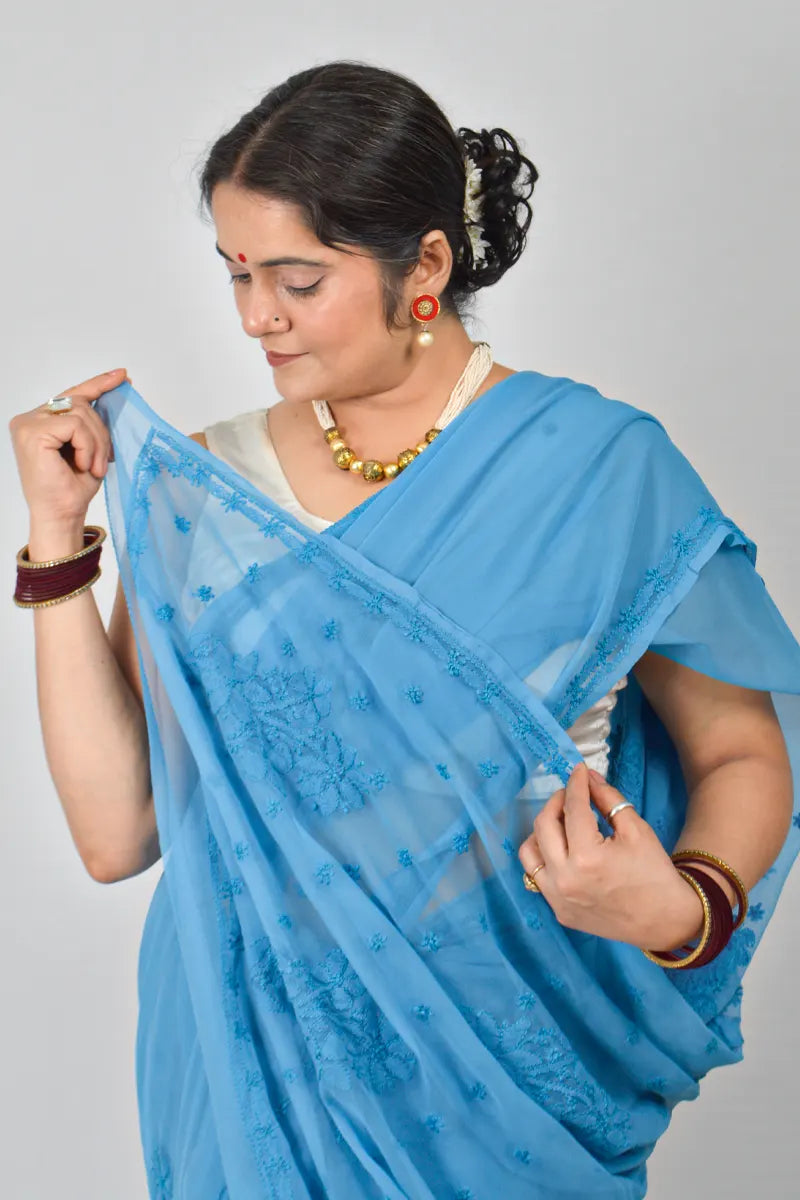 Blue Georgette saree with hand-embroidered Lucknowi Chikankari and matching blouse – handcrafted ethnic saree by MeMaana
