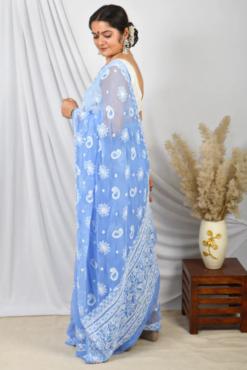 Fabnuma Handcrafted Blue Georgette Lucknowi Chikankari Saree with Blouse.