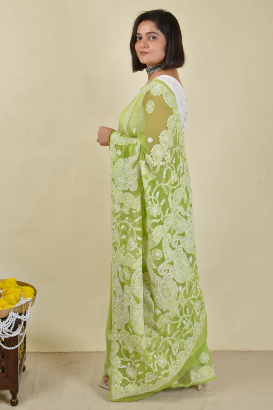 Fabnuma Handcrafted Green Georgette Chikankari Saree with Blouse Fabnuma