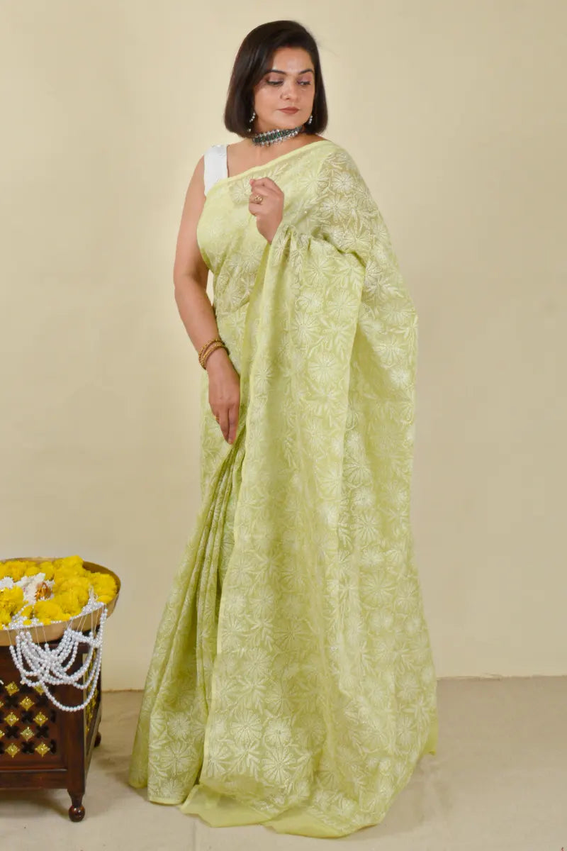 Fabnuma Handcrafted Green Kota Cotton Tepchi Chikankari Saree-Blouse Fabnuma