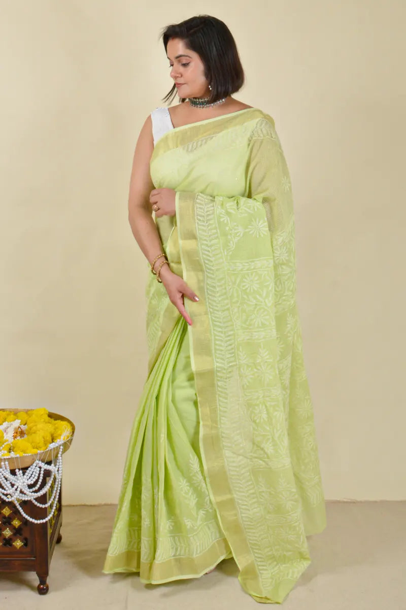 Hand-embroidered green Kota Cotton chikankari saree with blouse by Fabnuma
