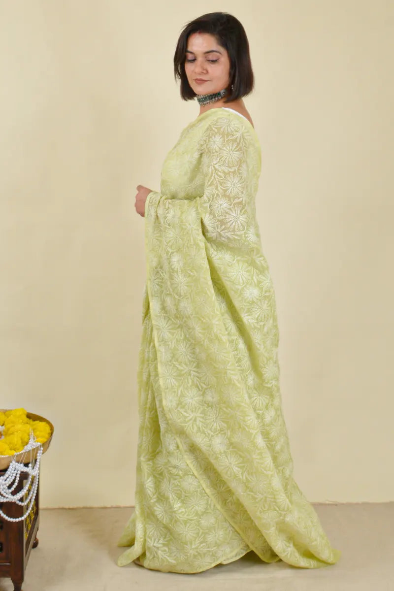 Fabnuma Handcrafted Green Kota Cotton Tepchi Chikankari Saree-Blouse Fabnuma