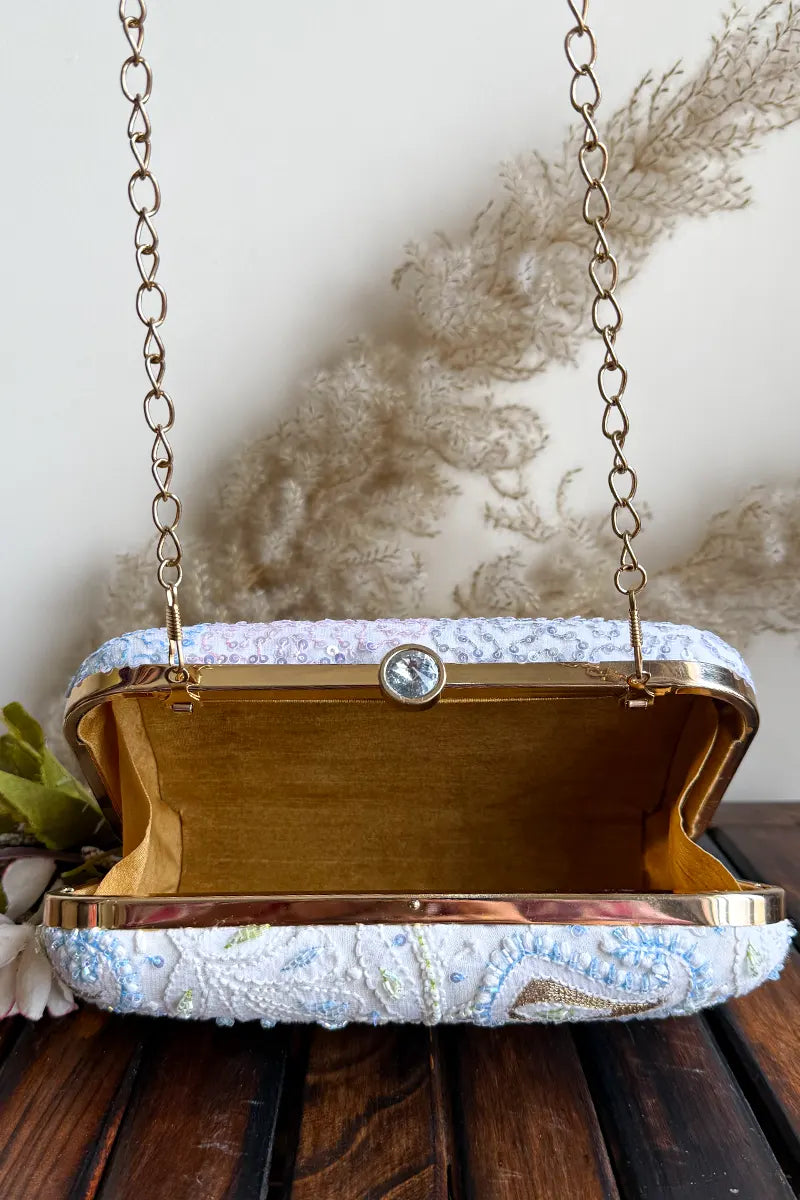 Fabnuma Handcrafted White Chikankari Clutch with Pearl & Sequin Work Lucknowi Chikankari