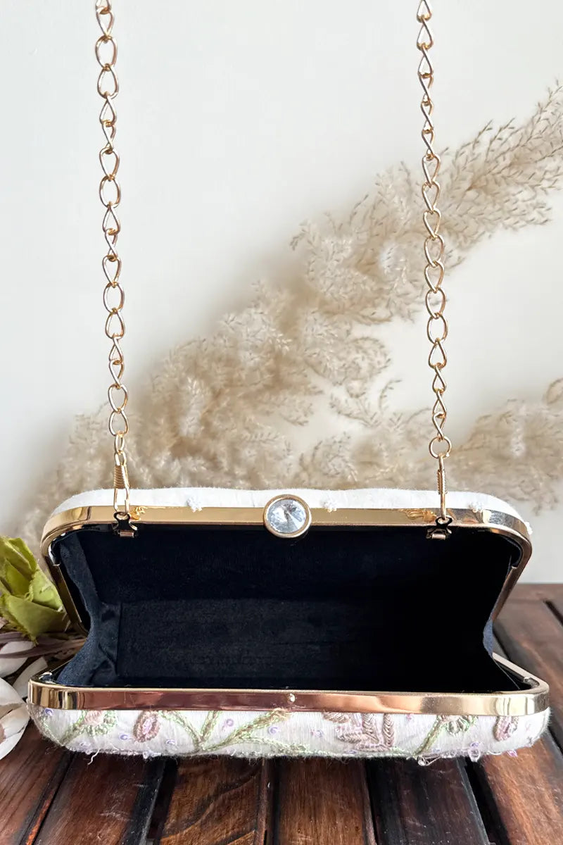 Fabnuma Handcrafted White Chikankari Clutch with Pearl & Sequin Work Lucknowi Chikankari