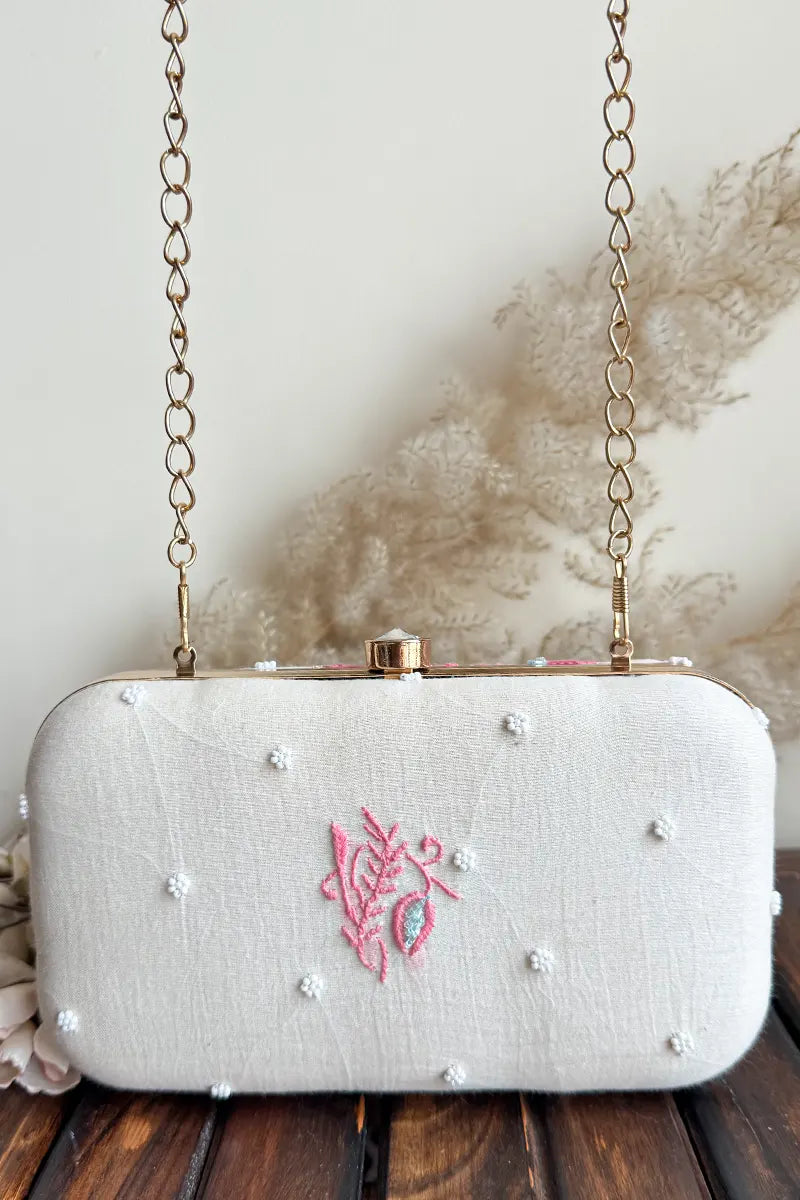 Fabnuma Handcrafted White Chikankari Clutch with Pearl Work Lucknowi Chikankari