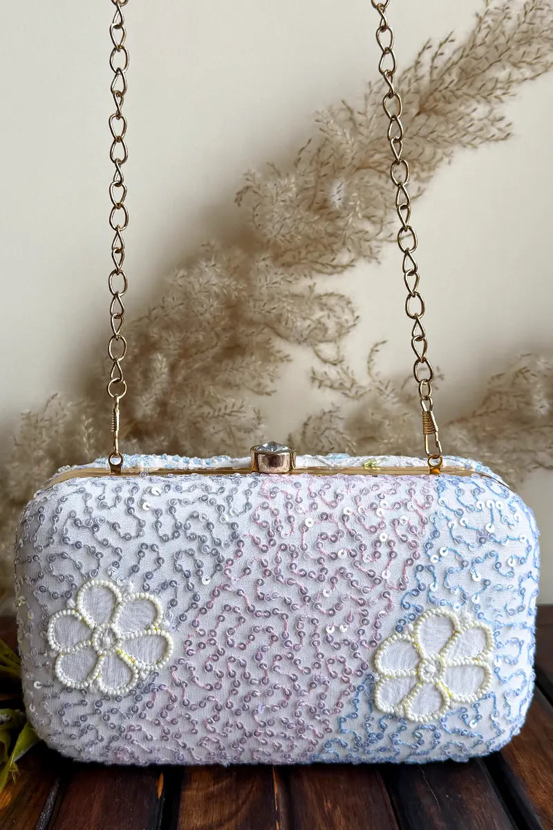 Fabnuma Handcrafted White Chikankari Clutch with Pearl & Sequin Work Lucknowi Chikankari