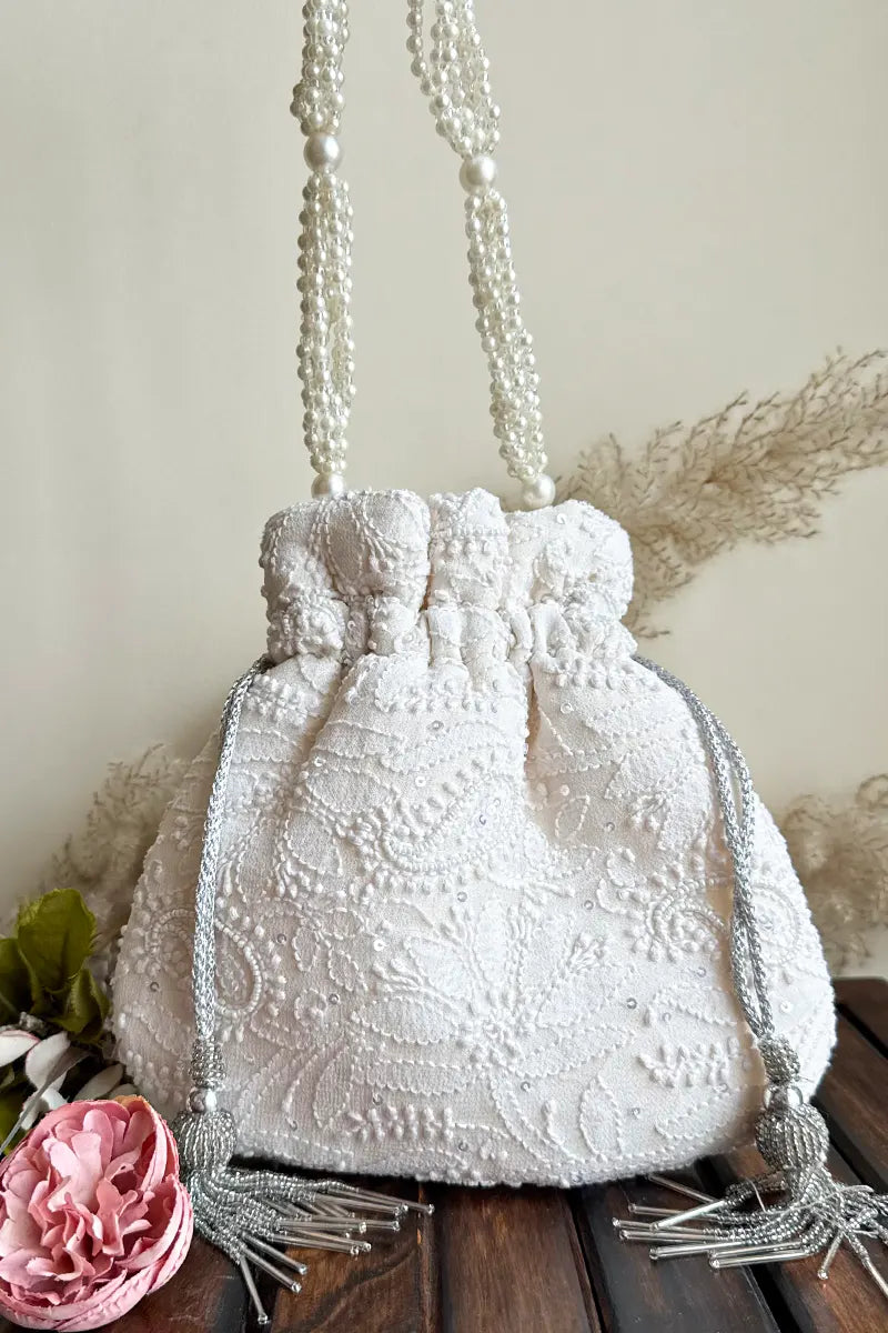 White Chikankari Potli – handcrafted by Fabnuma.
