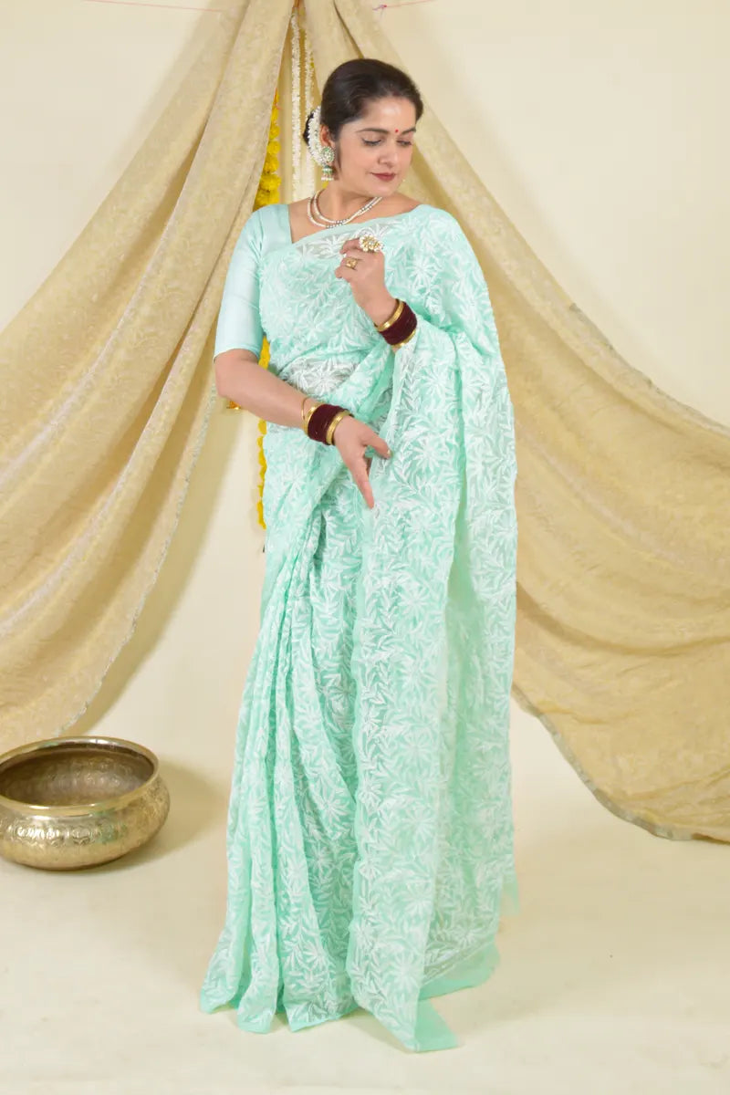 Fabnuma Handcrafted Mint Green Georgette Tepchi Work Chikankari Saree-Blouse Fabnuma