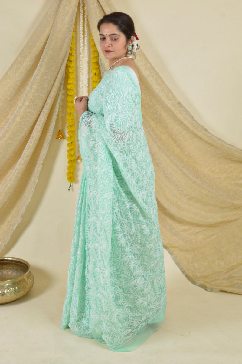 Fabnuma Handcrafted Mint Green Georgette Tepchi Work Chikankari Saree-Blouse Fabnuma