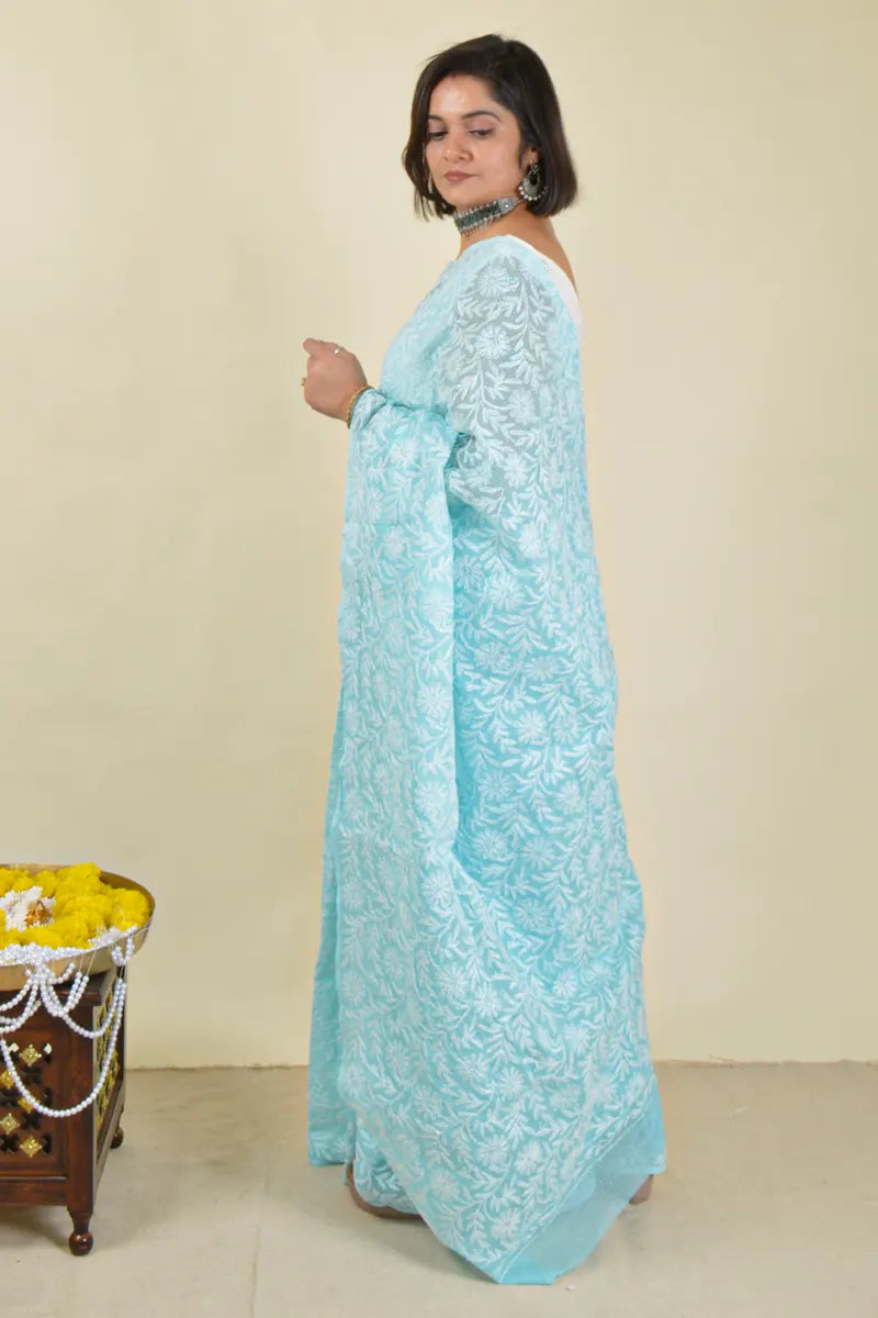 Handcrafted Kota Cotton Saree with intricate Lucknowi Chikankari embroidery and a matching blouse, ideal for festive and wedding occasions.