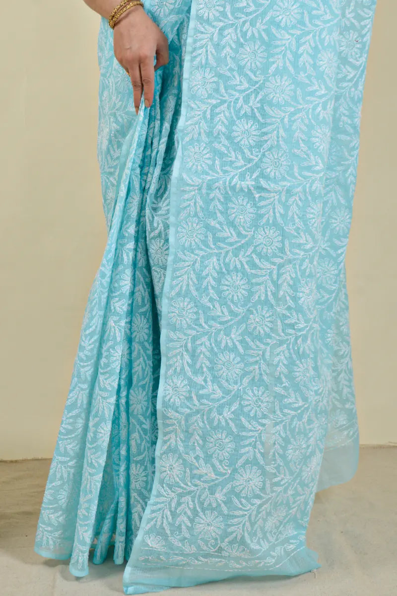 Handcrafted Kota Cotton Saree with intricate Lucknowi Chikankari embroidery and a matching blouse, ideal for festive and wedding occasions.