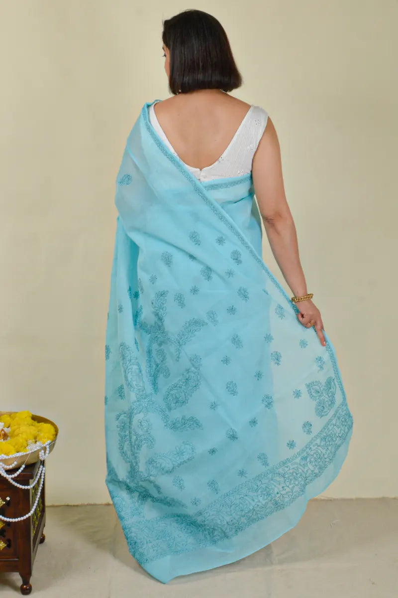 MeMaana Handcrafted Blue Cotton Chikankari Saree-Blouse Memaana