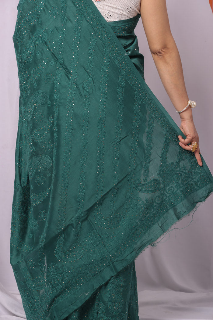 Fabnuma Handcrafted Teal Green Chanderi Silk Chikankari Saree-Blouse Lucknowi Chikankari