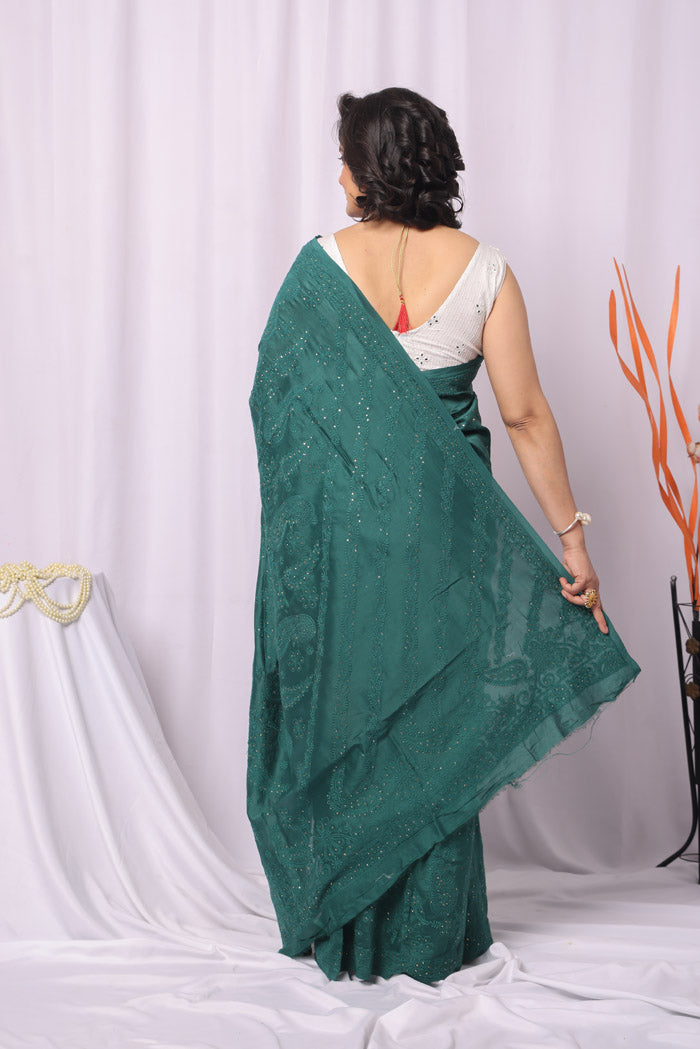 Fabnuma Handcrafted Teal Green Chanderi Silk Chikankari Saree-Blouse Lucknowi Chikankari
