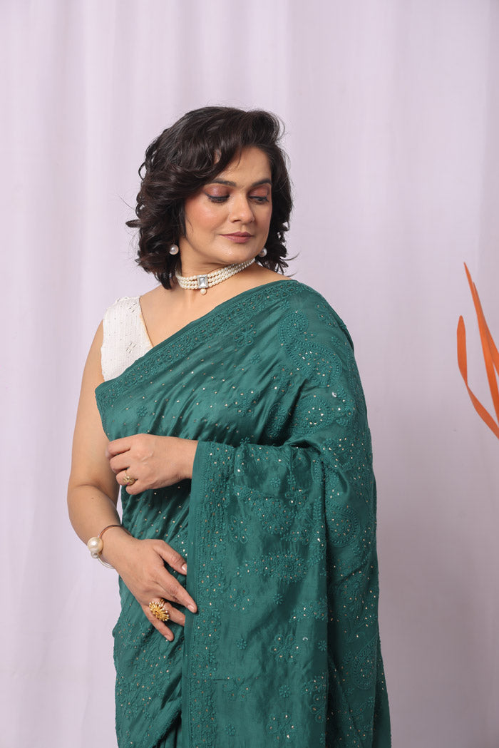 Fabnuma Handcrafted Teal Green Chanderi Silk Chikankari Saree-Blouse Lucknowi Chikankari