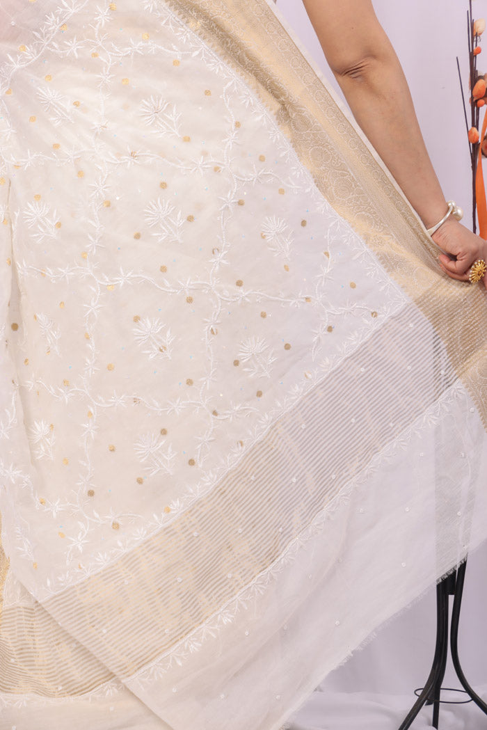 Fabnuma Handcrafted White Chanderi Silk Chikankari Saree-Blouse Lucknowi Chikankari