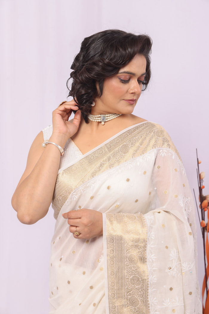 Fabnuma Handcrafted White Chanderi Silk Chikankari Saree-Blouse Lucknowi Chikankari