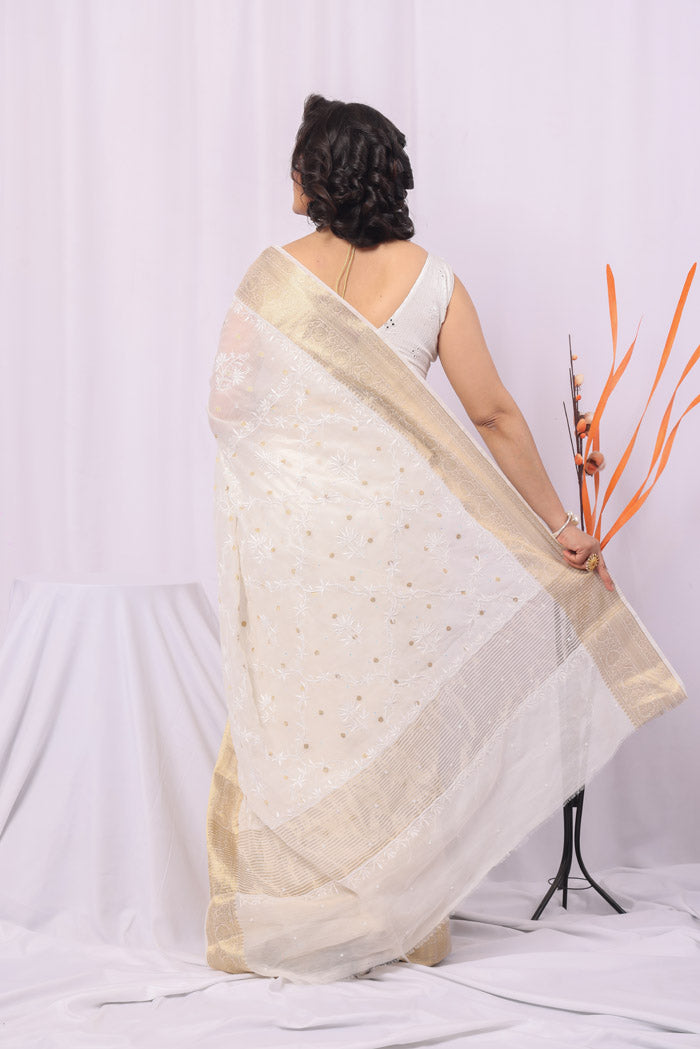 Fabnuma Handcrafted White Chanderi Silk Chikankari Saree-Blouse Lucknowi Chikankari