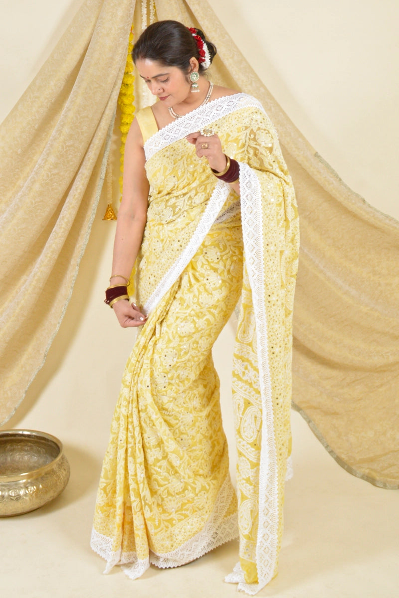Fabnuma Handcrafted Yellow Georgette Chikankari Saree with Blouse-Mukaish Work Fabnuma