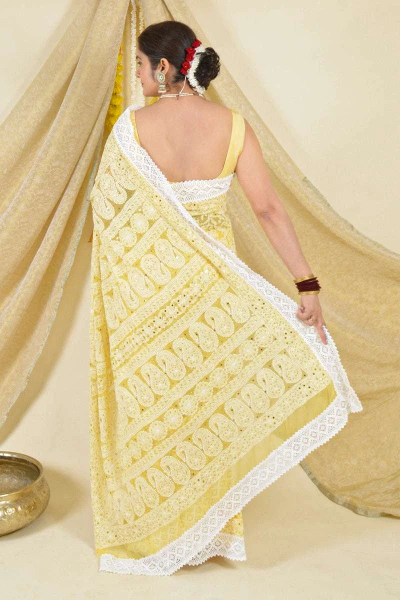 MeMaana Handcrafted Yellow Georgette Chikankari Saree with Blouse-Mukaish Work MeMaana