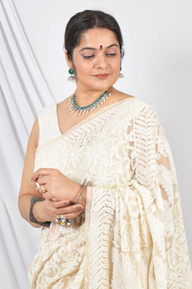 Fawn Color Georgette Allover Lucknowi Chikankari Designer Saree Embroidery and Blouse – Perfect for Weddings & Festive Wear.