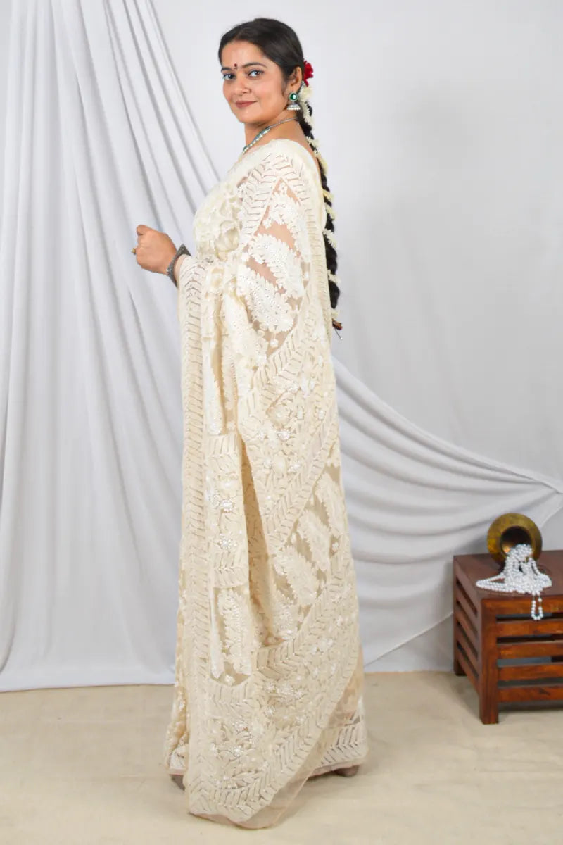 Fawn Color Georgette Allover Lucknowi Chikankari Designer Saree Embroidery and Blouse – Perfect for Weddings & Festive Wear.