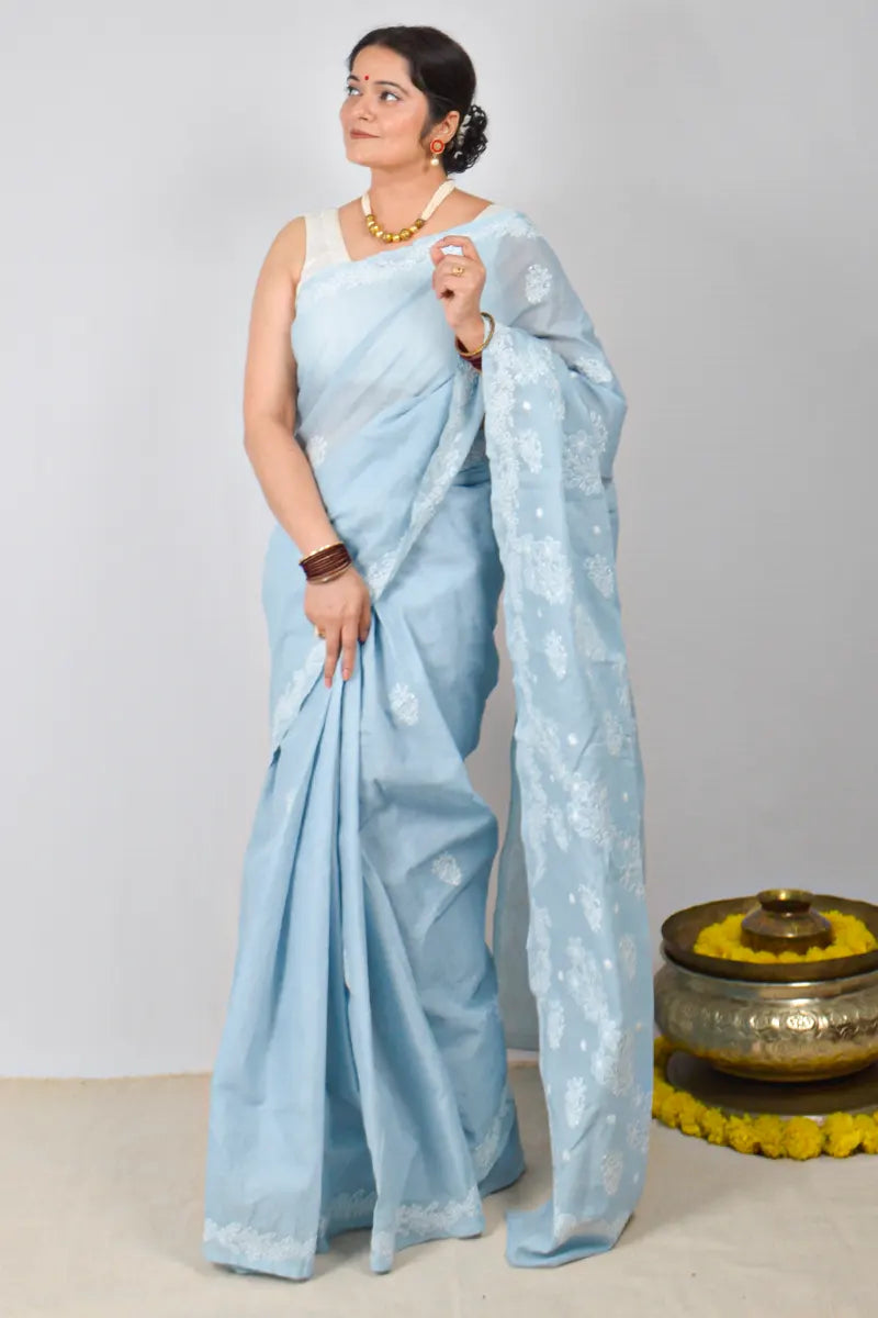 Gray Cotton saree with hand-embroidered Lucknowi Chikankari and matching blouse – handcrafted ethnic saree by MeMaana