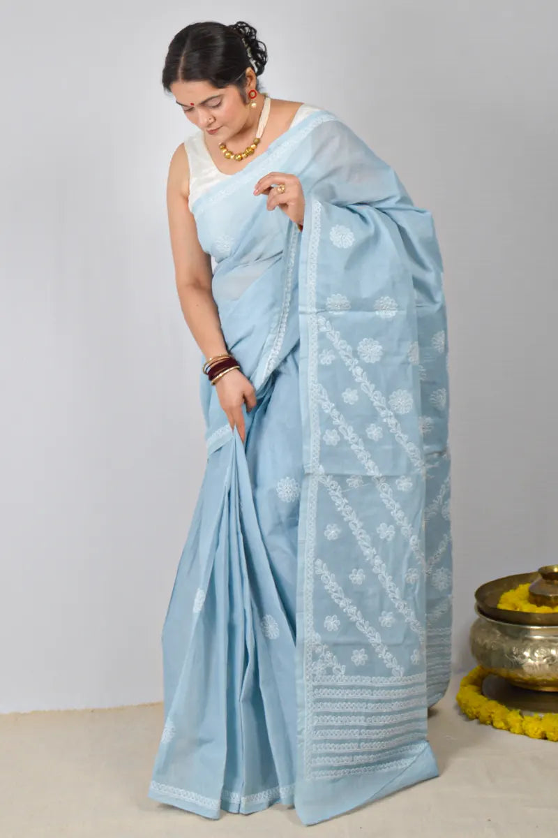 Gray Cotton saree with hand-embroidered Lucknowi Chikankari and matching blouse – handcrafted ethnic saree by MeMaana