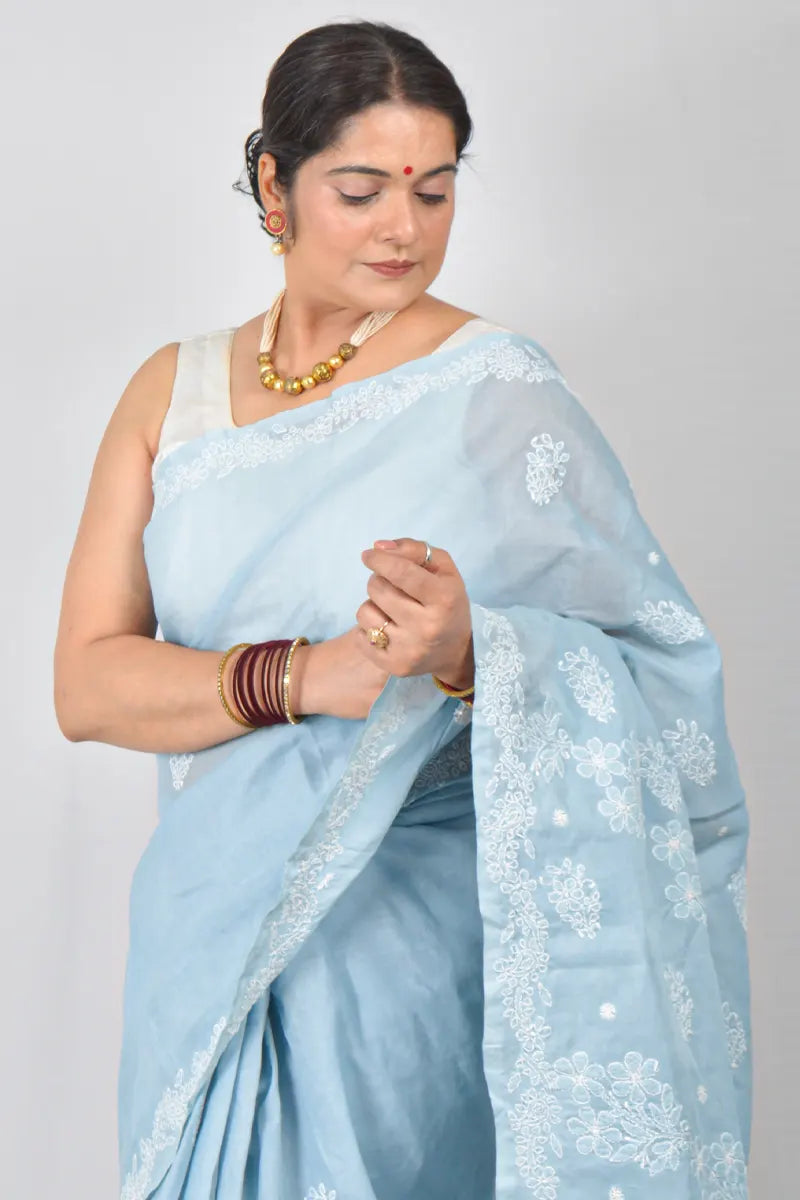 Gray Cotton saree with hand-embroidered Lucknowi Chikankari and matching blouse – handcrafted ethnic saree by MeMaana
