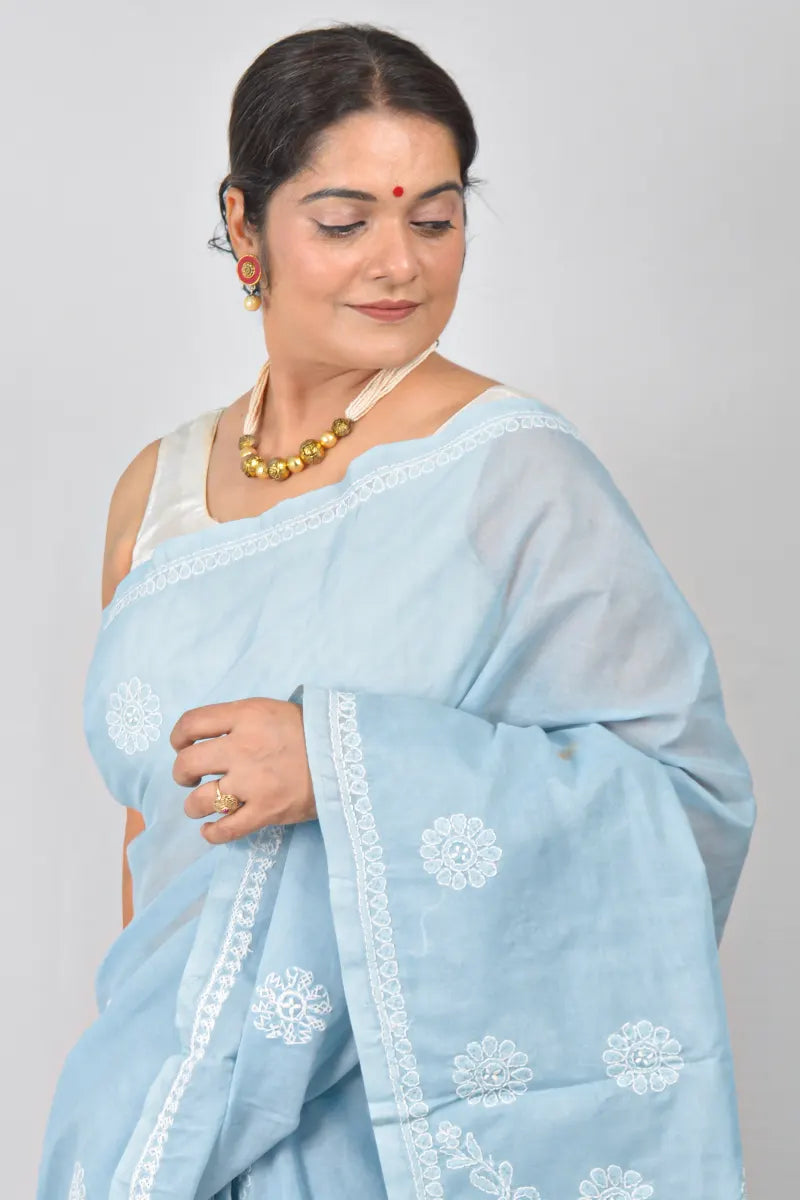 Gray Cotton saree with hand-embroidered Lucknowi Chikankari and matching blouse – handcrafted ethnic saree by MeMaana