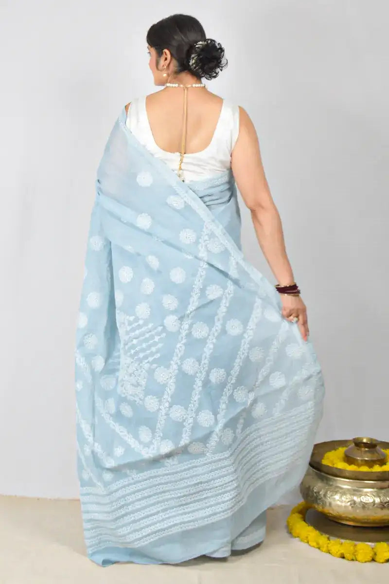 Gray Cotton saree with hand-embroidered Lucknowi Chikankari and matching blouse – handcrafted ethnic saree by MeMaana