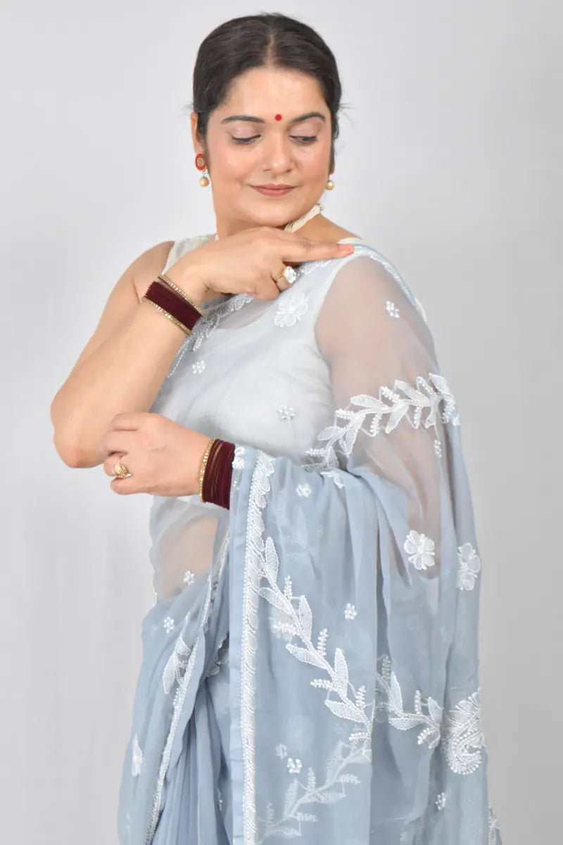 Gray georgette saree with hand-embroidered Lucknowi Chikankari and matching blouse – handcrafted ethnic saree by MeMaana