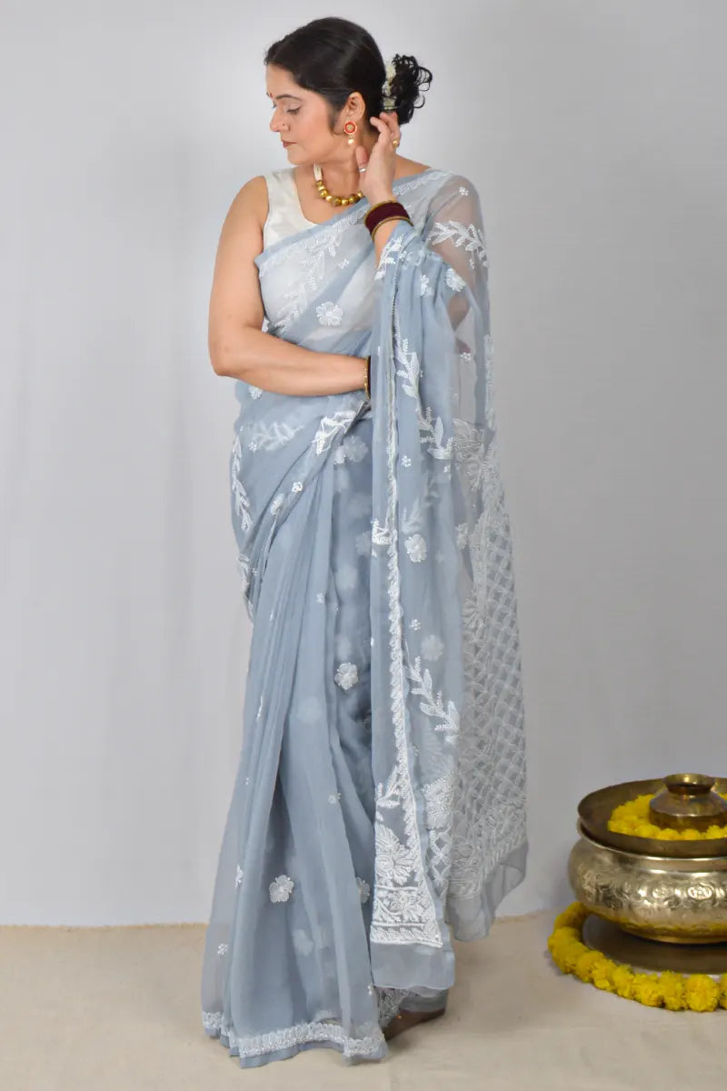 Gray georgette saree with hand-embroidered Lucknowi Chikankari and matching blouse – handcrafted ethnic saree by MeMaana