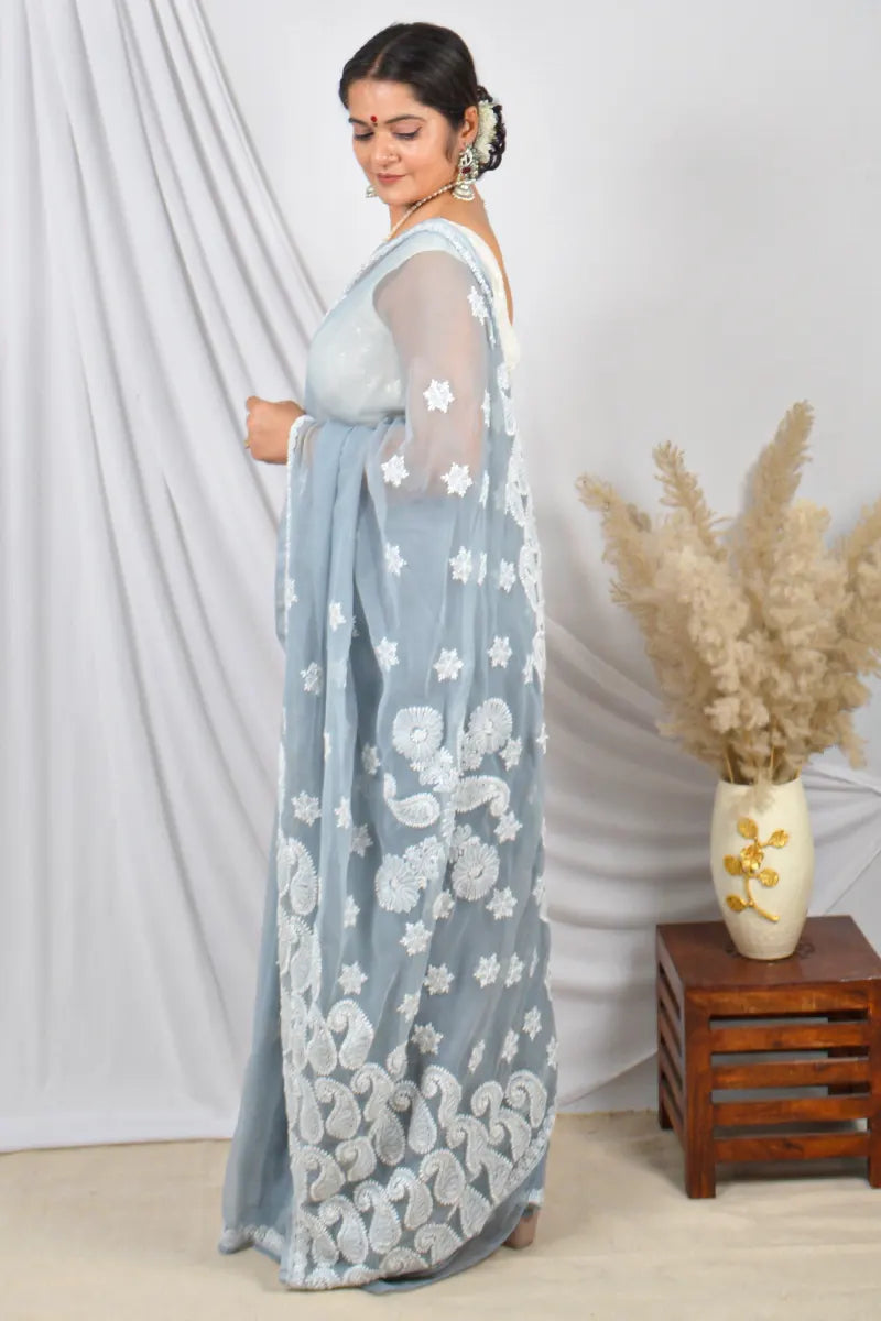 Fabnuma Handcrafted Gray Georgette Lucknowi Chikankari Saree with Blouse.